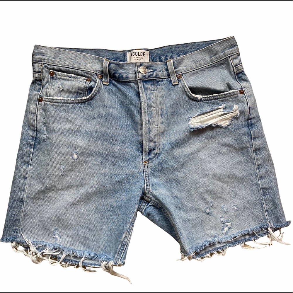 Agolde Parker Long Vintage Cut Off High Waist Distressed Denim Short Riptide